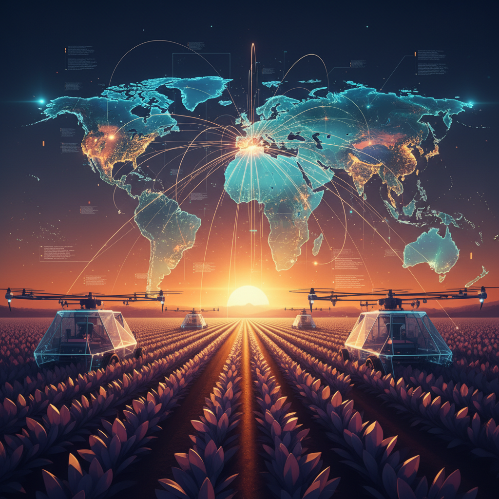 Mapa-múndi com conexões digitais partindo de Vilhena, Rondônia, ilustrando o conceito de SEO para exportação do agronegócio.
