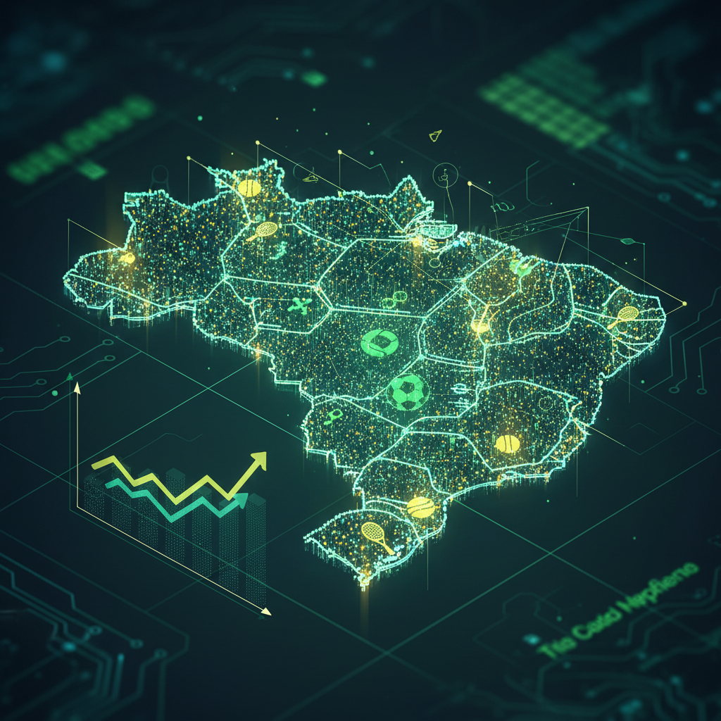 Gráfico digital ilustrando o crescimento de apostas esportivas no Brasil em 2026 com elementos de tecnologia e esporte.