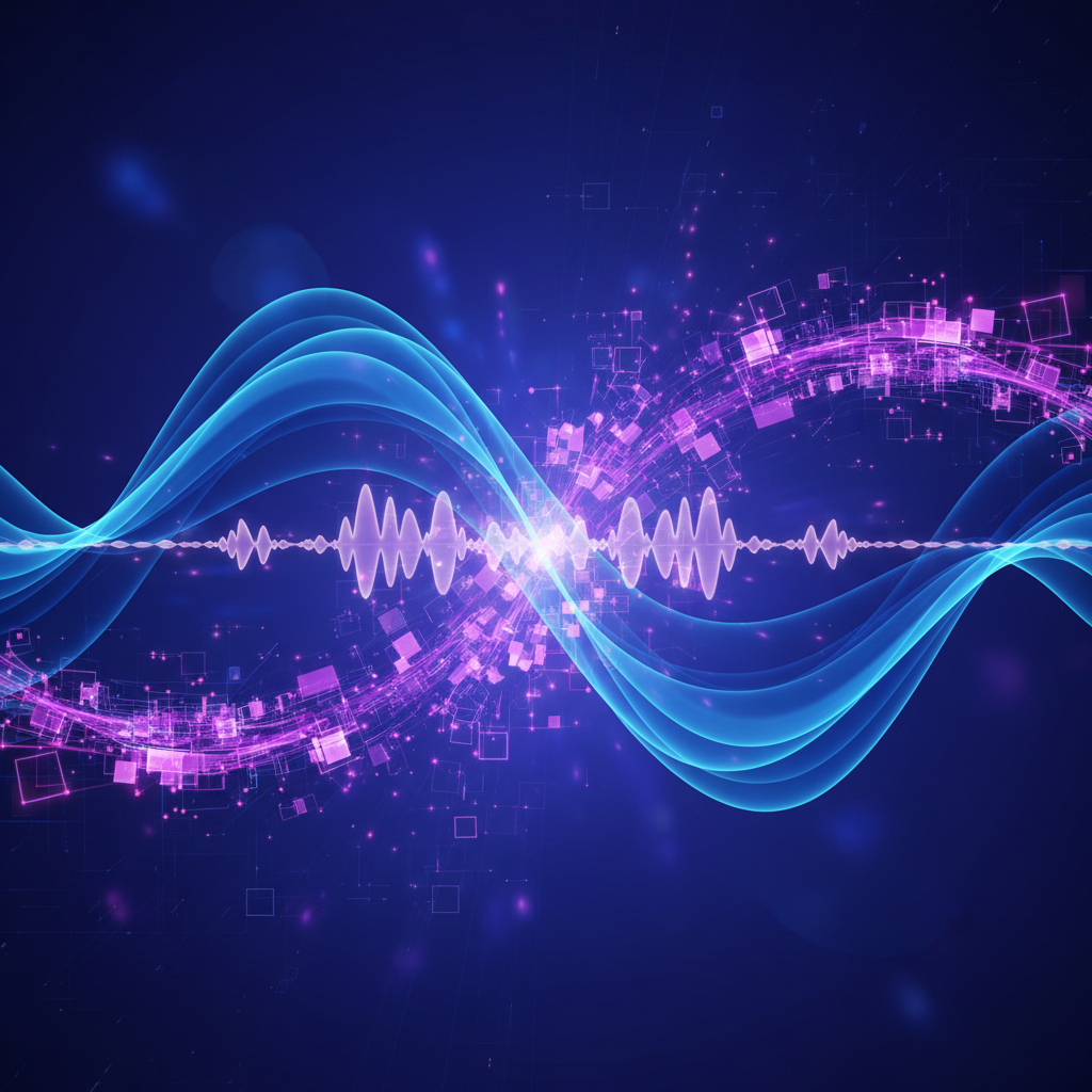 Gráfico abstrato com ondas sonoras e dados digitais, representando a gestão de tráfego para lançamento musical.