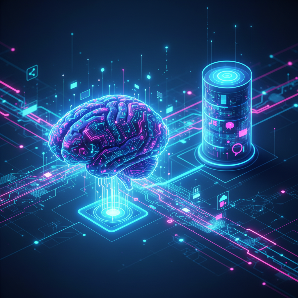 Cérebro de inteligência artificial conectado a um servidor de blog com fluxo de dados