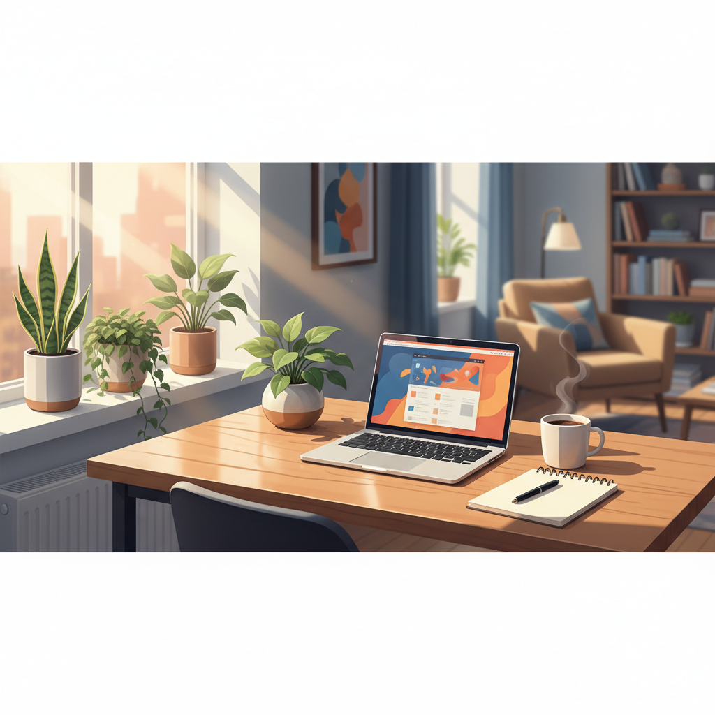 Ambiente de trabalho organizado em casa com notebook, café e luz natural, representando como trabalhar em casa e ganhar dinheiro.