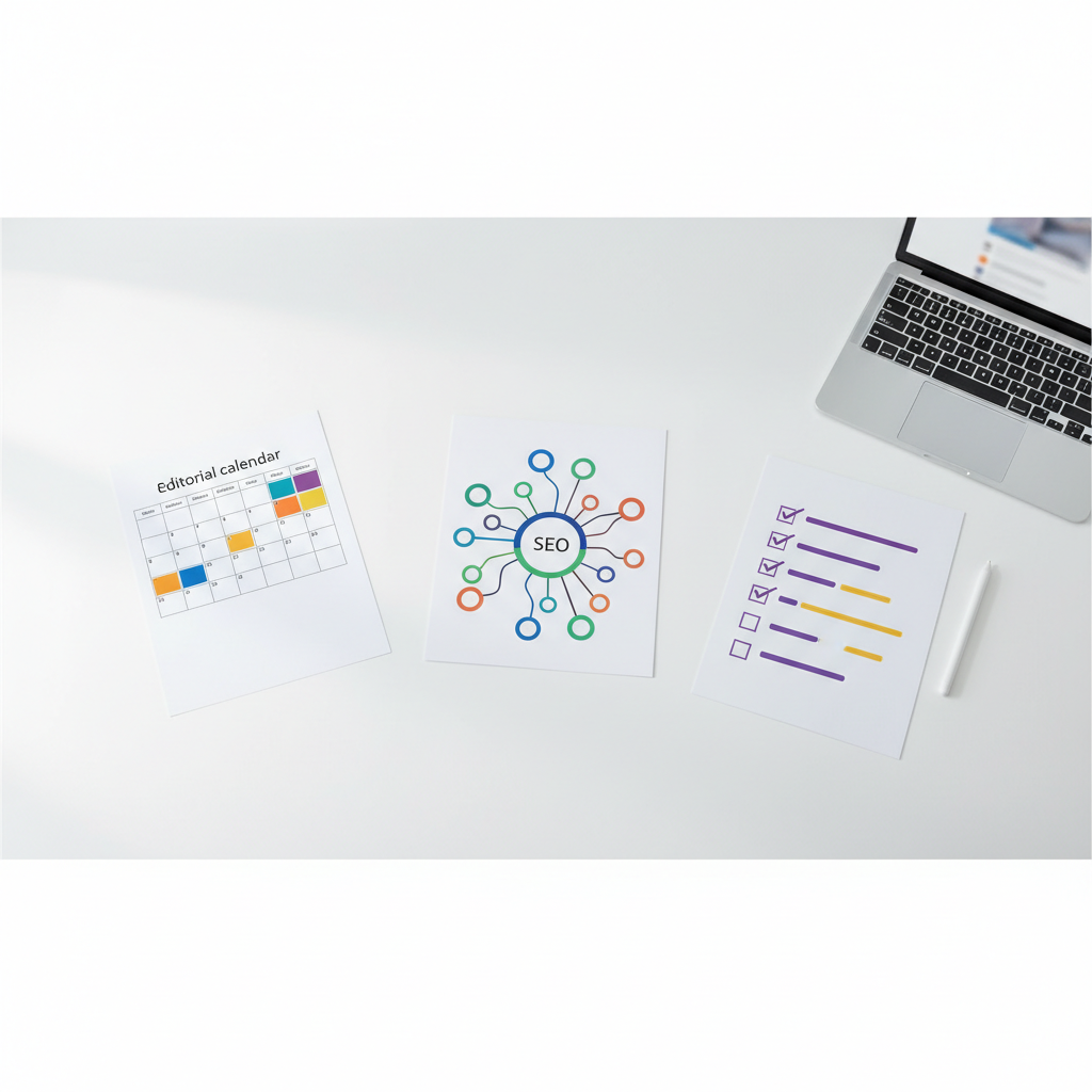 Mesa de trabalho com templates de SEO organizados, incluindo um calendário editorial e um mapa mental de pilar-cluster, ilustrando um framework de SEO.