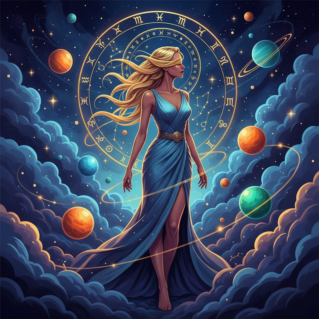Ilustração artística de Ana Paula Renault cercada por elementos astronômicos e astrológicos em tons de dourado e azul profundo.