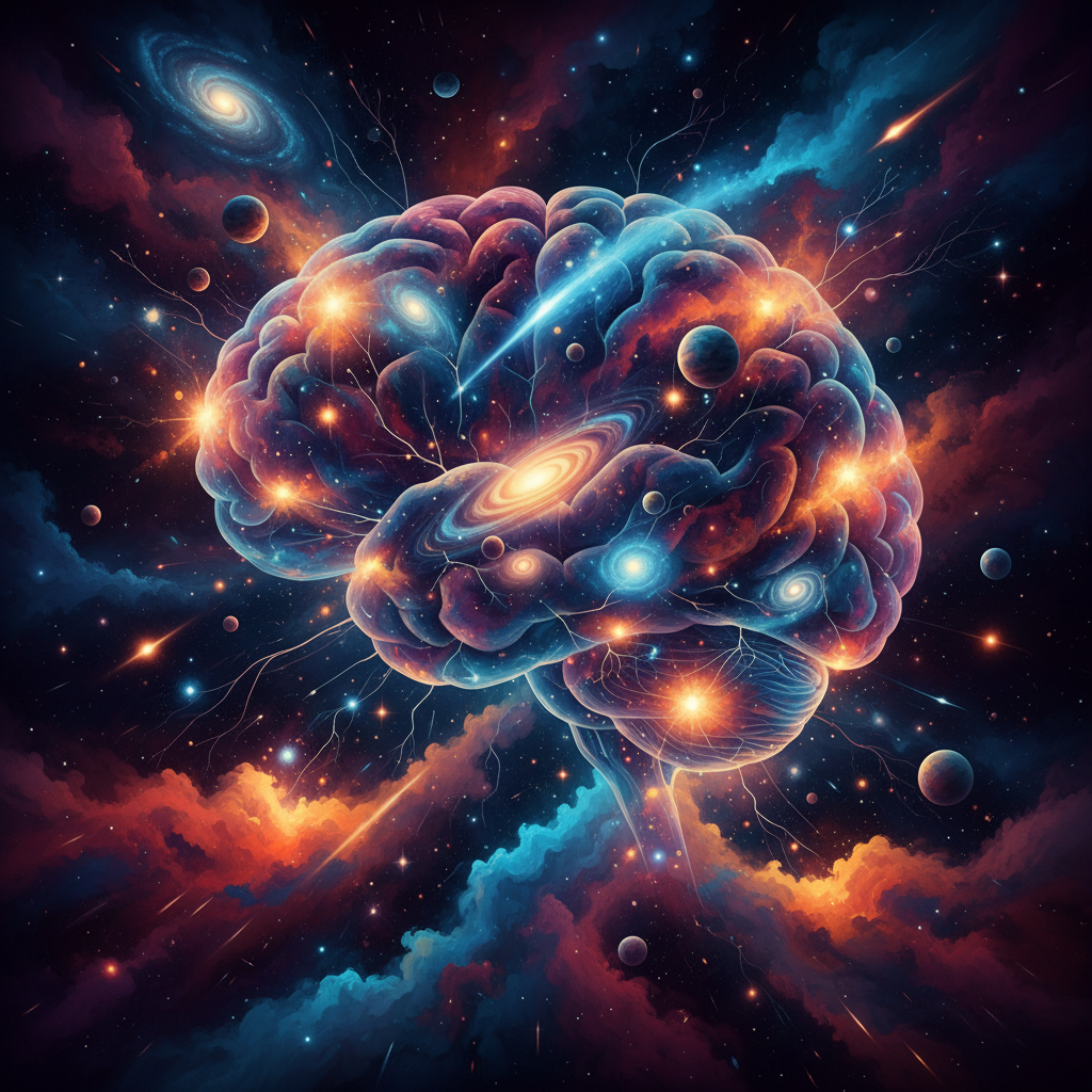 Representação cósmica abstrata da conexão entre os astros e a mente humana