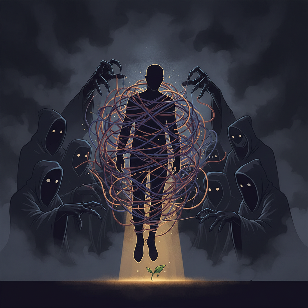 Ilustração de uma pessoa presa em uma teia de falsas promessas, simbolizando o tráfico de pessoas