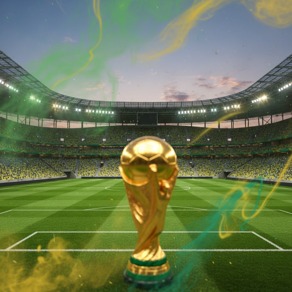 Análise tática e palpites Copa do Mundo 2026 com bandeira do Brasil e bola de futebol profissional.