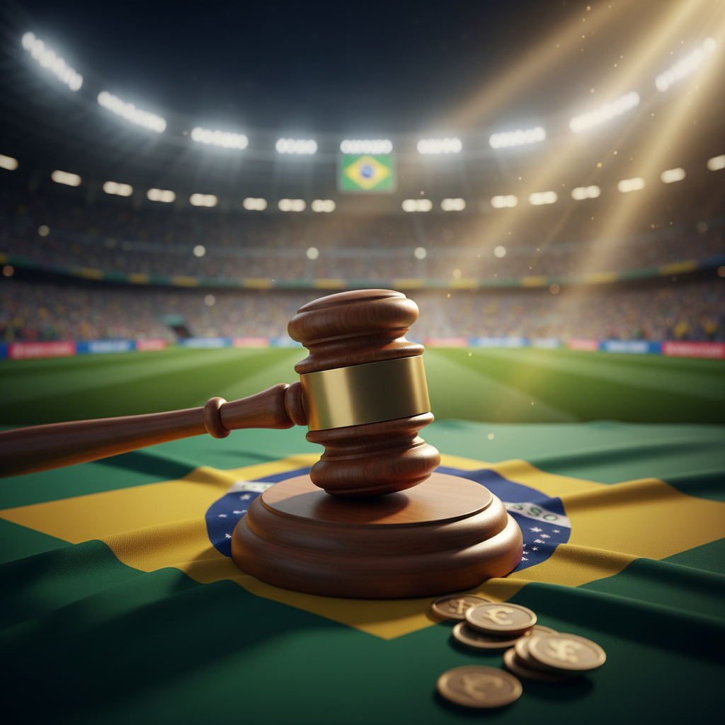 Martelo de juiz sobre bandeira do Brasil, simbolizando o projeto de lei Brasil Contra as Bets e a regulamentação das apostas esportivas.