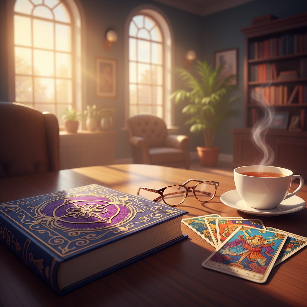 Psicóloga baiana analisando cartas de tarô em um consultório moderno com livros ao fundo.
