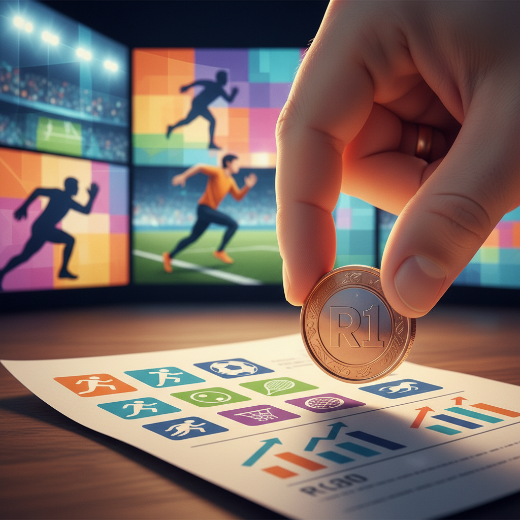 Mão colocando uma moeda de 1 real em um bilhete de aposta, simbolizando depósito mínimo em plataformas de apostas em 2026
