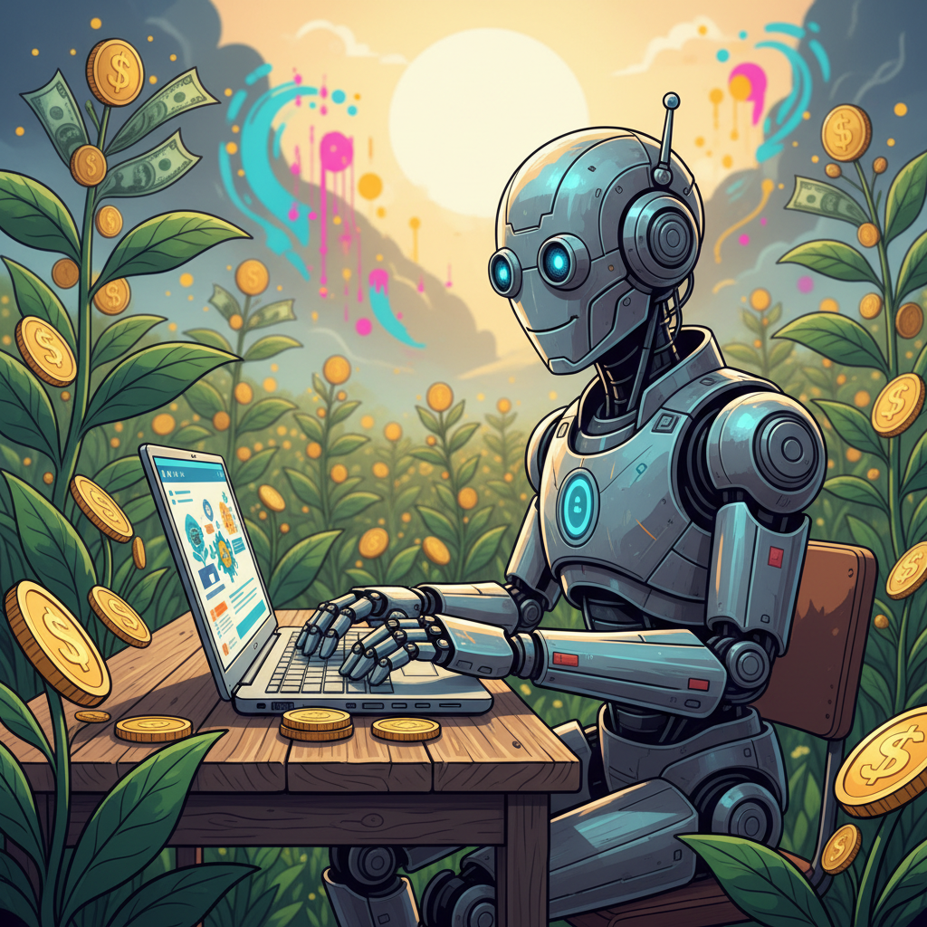 Robô amigável escrevendo em um blog de afiliados com IA para criar conteúdo e ganhar dinheiro.