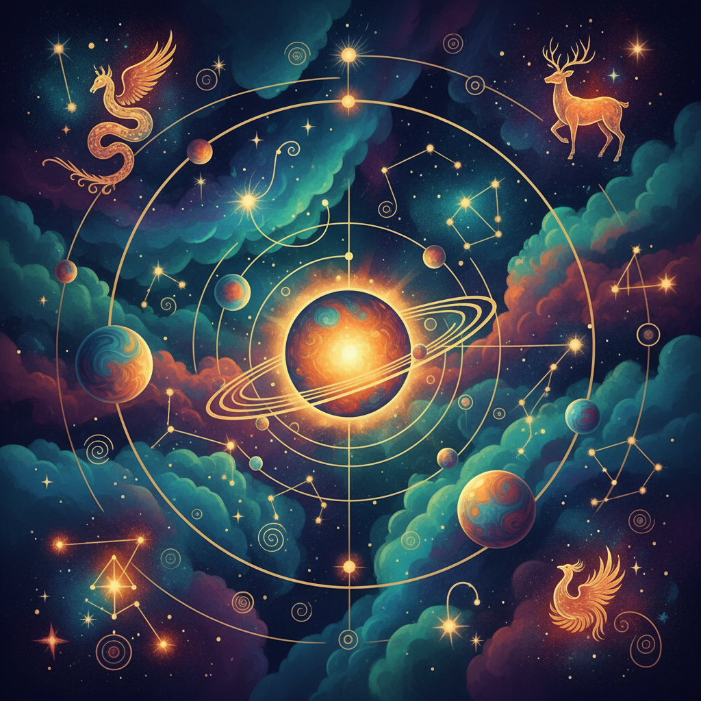 Gráfico celestial místico com constelações e planetas, representando as verdades ocultas da astrologia em 2026