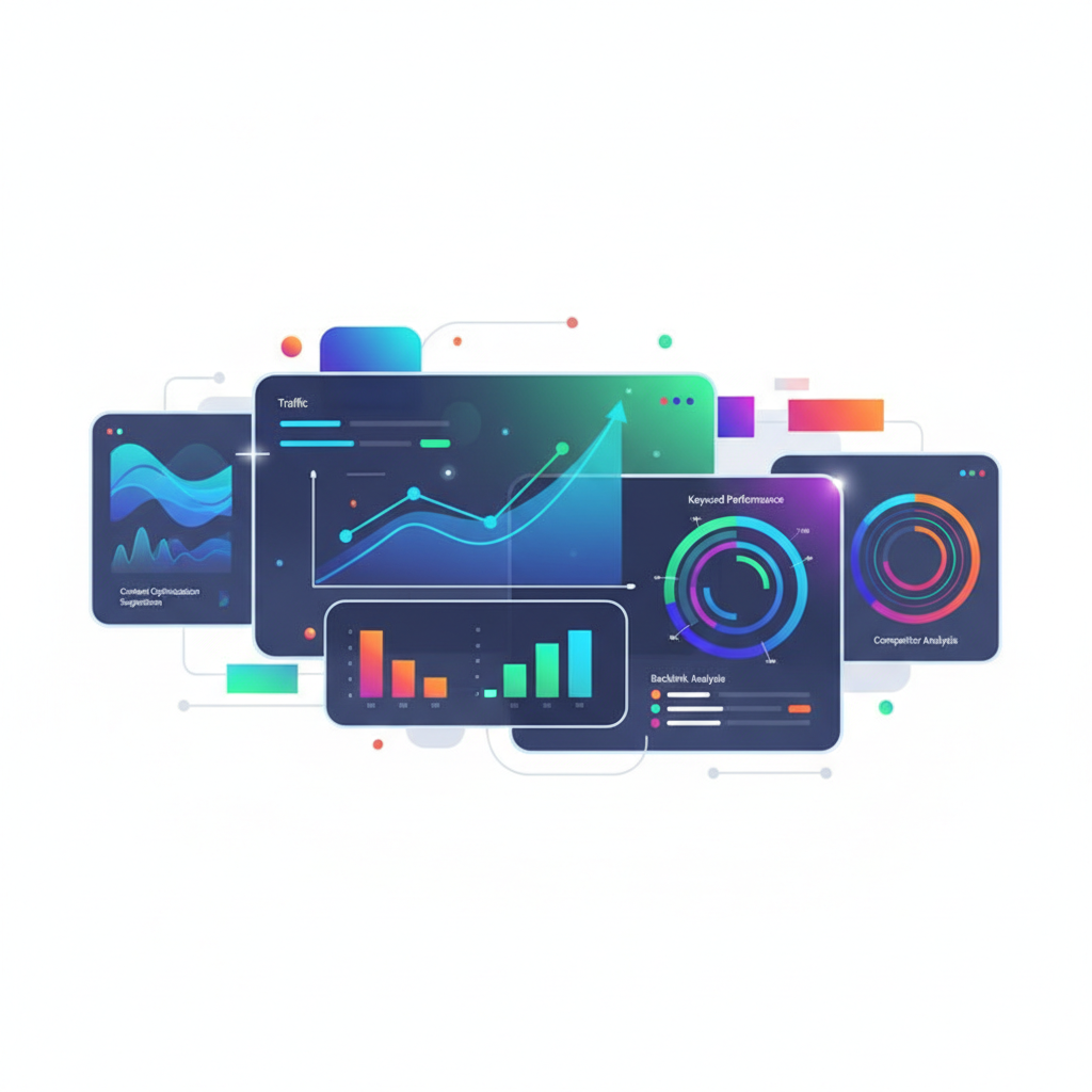 Dashboard de ferramentas de SEO com IA mostrando gráficos e análises para PMEs em 2026