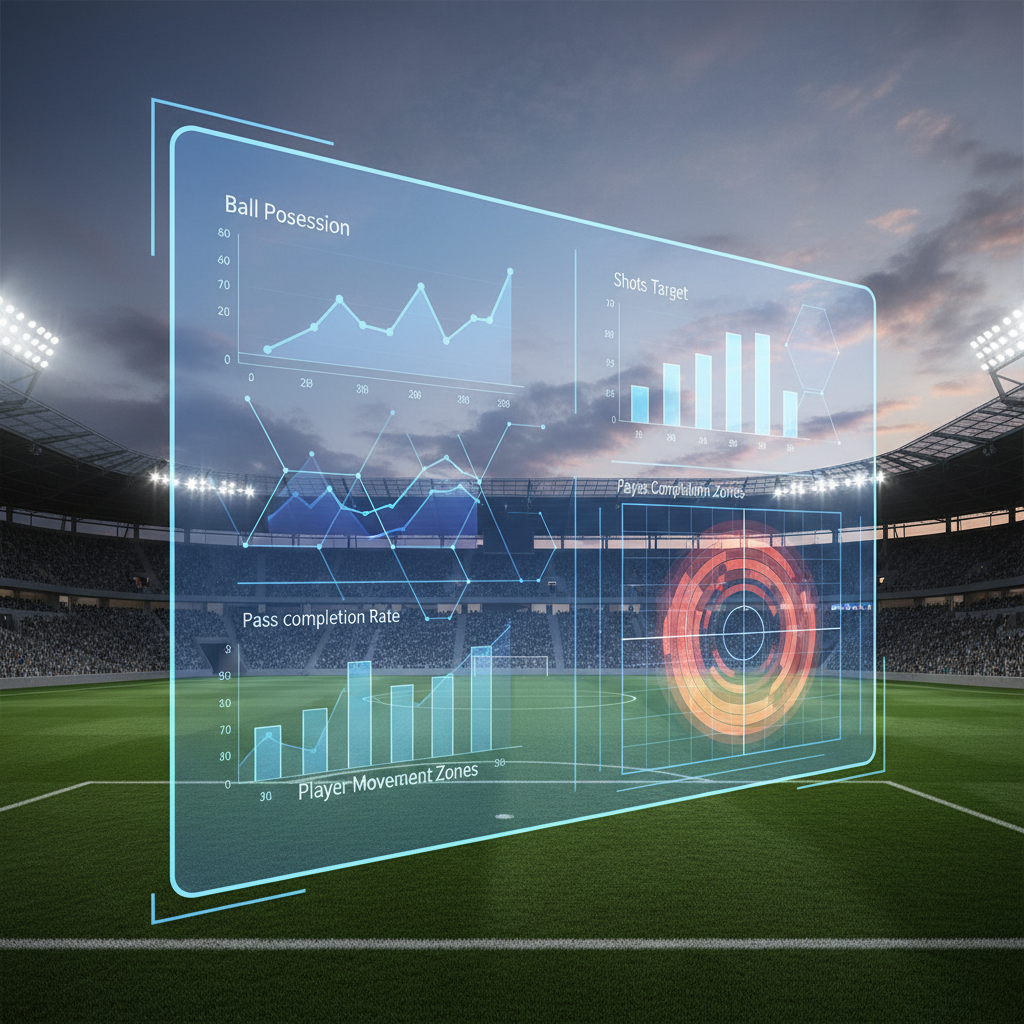 Guia de análise de jogos para apostas em 2026, mostrando gráficos e estatísticas sobre um estádio de futebol.