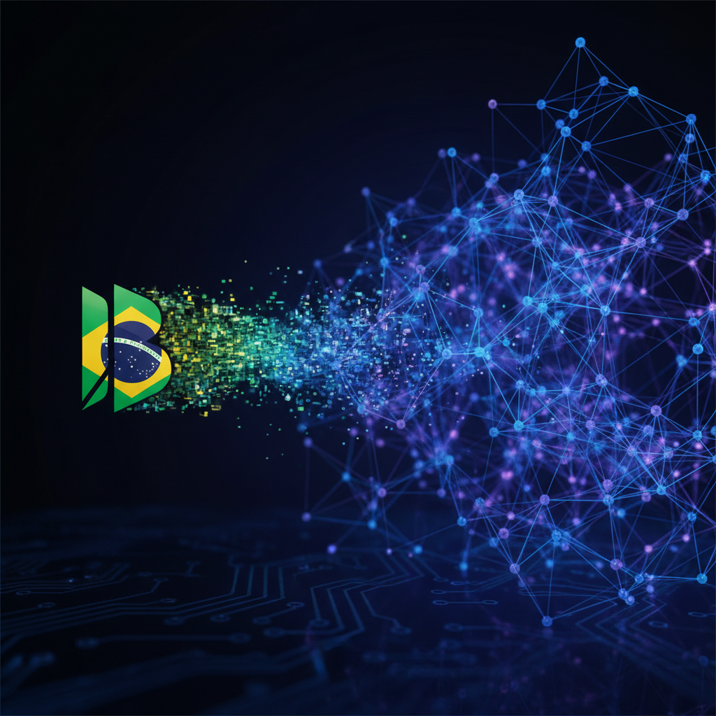 Visualização de uma rede neural representando como a IA pode recomendar empresas brasileiras através de AEO e GEO.