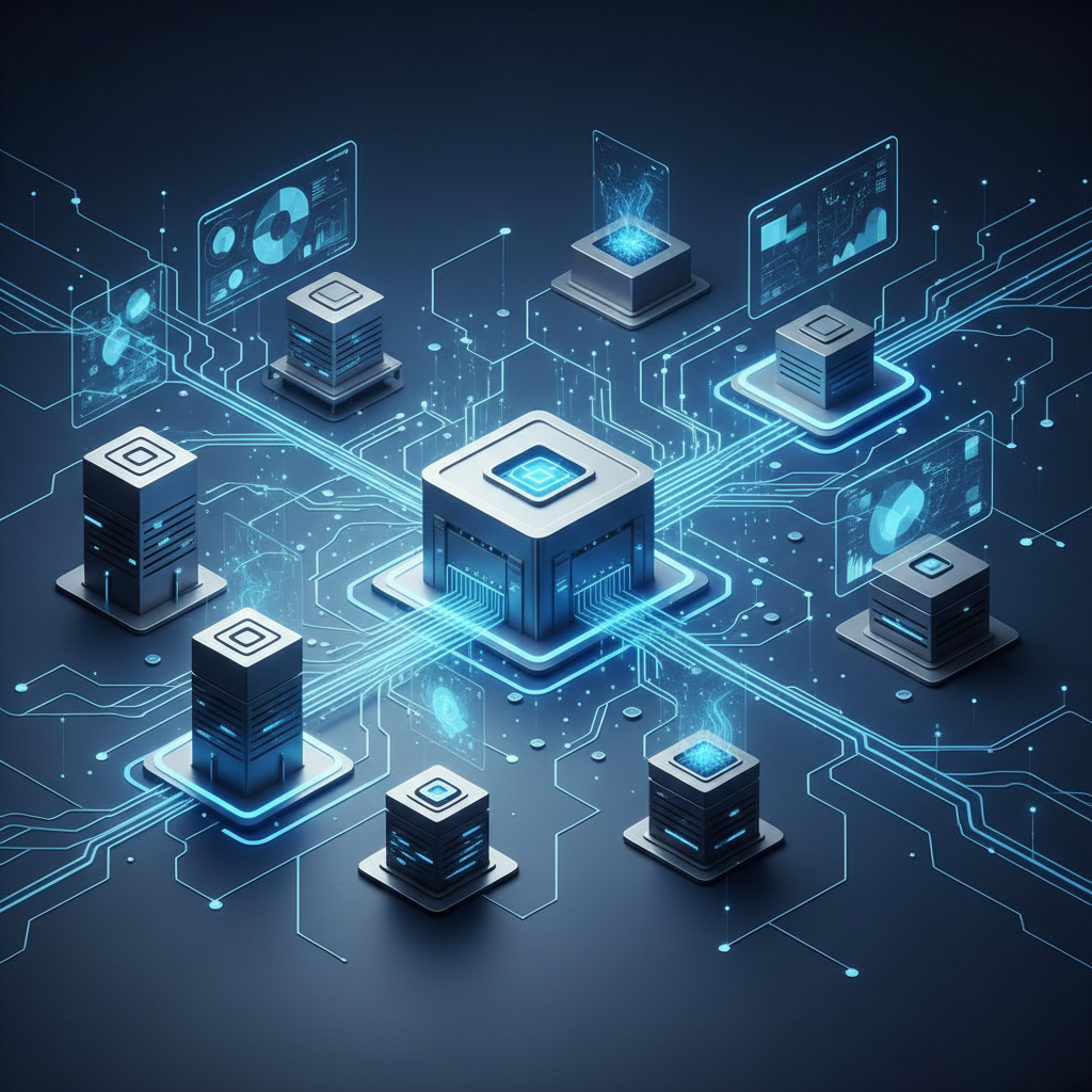 Ilustração de um ambiente corporativo moderno com luzes digitais conectando dispositivos, simbolizando a plataforma de negócios da OpenAI.