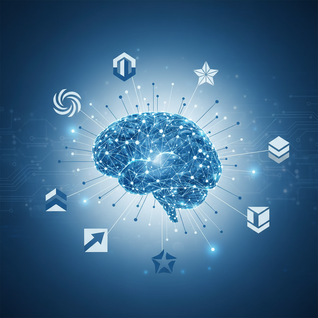 Um cérebro de rede neural se conectando a logotipos de empresas, ilustrando o conceito de AEO e GEO (otimização para IA).