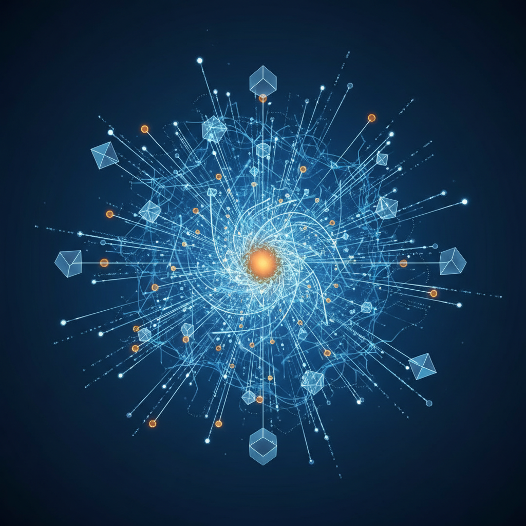 Ilustração abstrata de uma inteligência artificial com nós conectados, representando como fazer IAs citarem sua empresa.