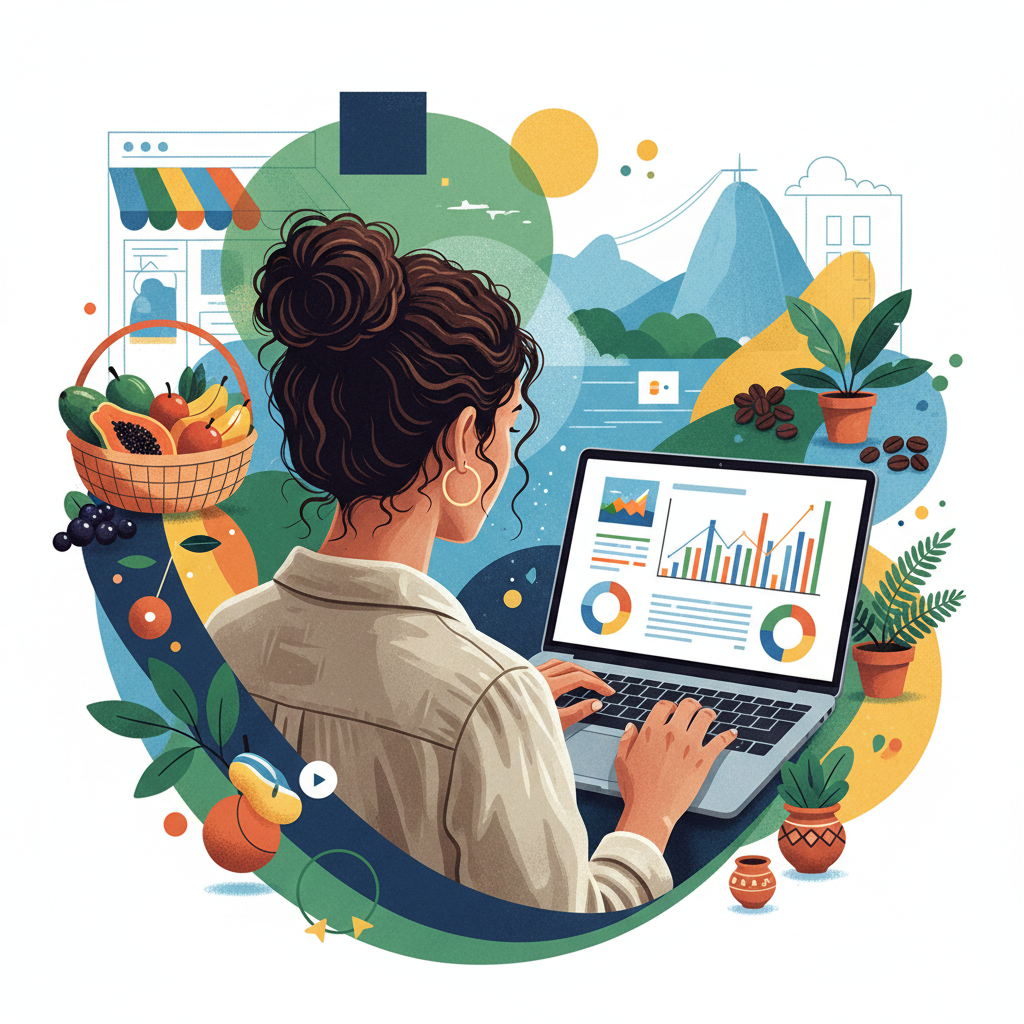 Mulher de negócios brasileira analisando dados de tráfego orgânico em um laptop, com elementos de mercado local ao redor