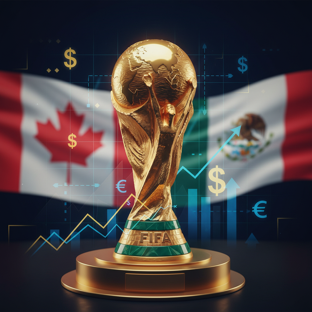 Infográfico mostrando o crescimento das premiações da FIFA entre 2022 e 2026 com o mapa da América do Norte ao fundo.