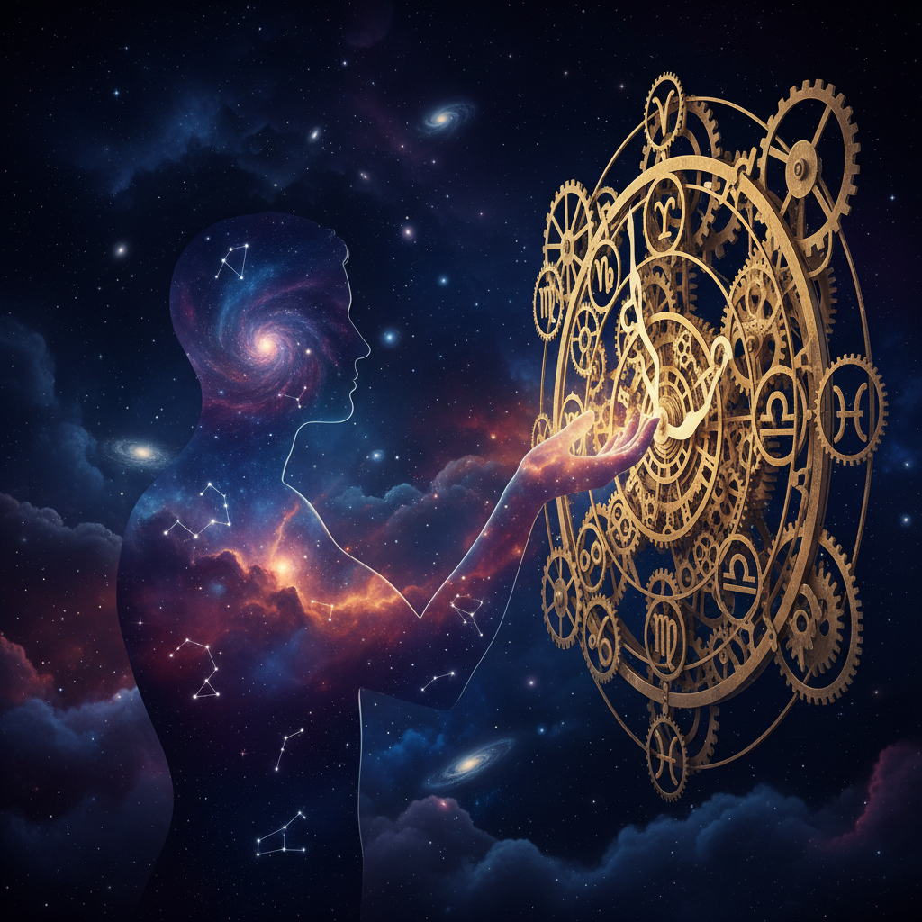 Ilustração artística mostrando uma silhueta humana integrada a um céu estrelado com símbolos dos signos do zodíaco brilhando intensamente.