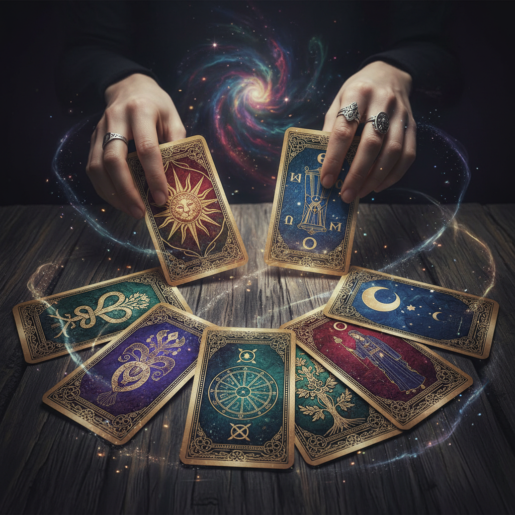 Mãos interagindo com cartas de Tarô em uma mesa escura, em meio a uma luz mística.