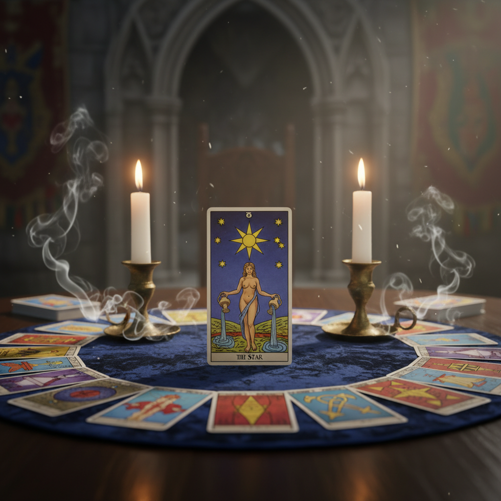 Close-up de cartas de Tarô espalhadas sobre uma mesa, com a carta da Estrela em destaque, simbolizando as revelações do Tarô.