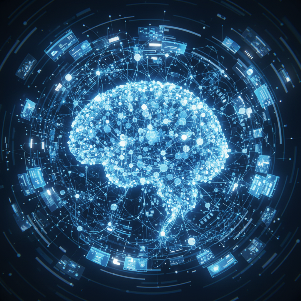 Rede neural de uma IA processando informações de sites para otimização com GEO e AEO.
