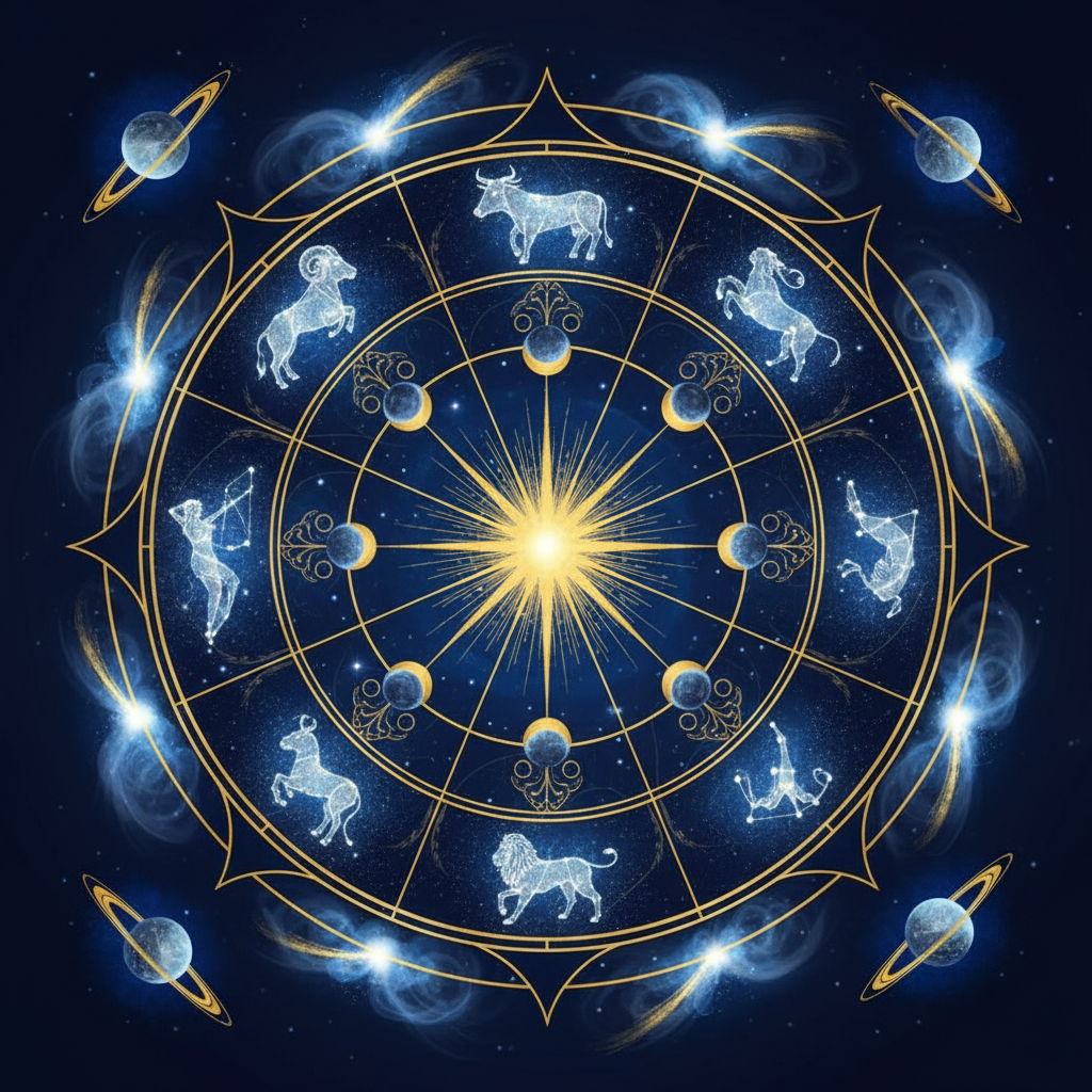 Roda do zodíaco com símbolos dos signos e planetas, representando um guia de astrologia para 2026.