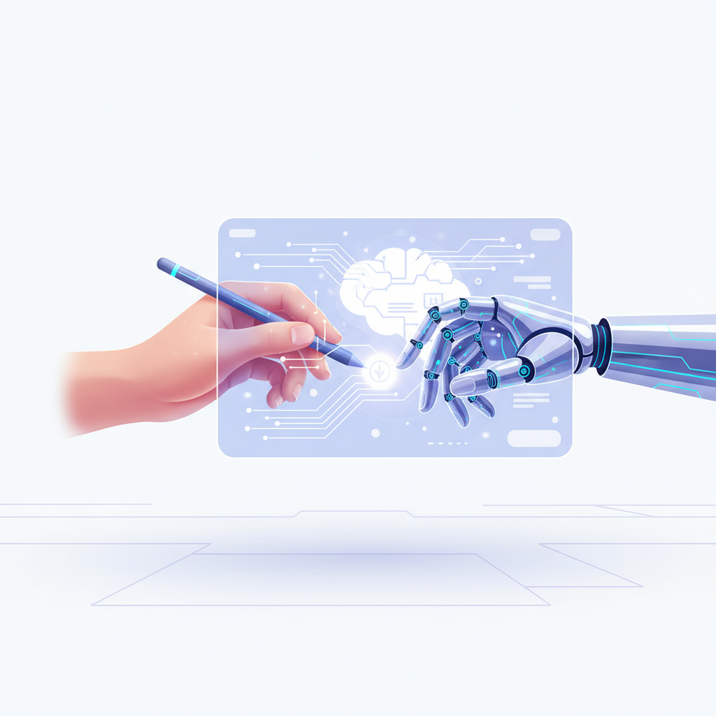 Guia de como usar IA para conteúdo em 2026, mostrando uma colaboração entre humano e inteligência artificial.