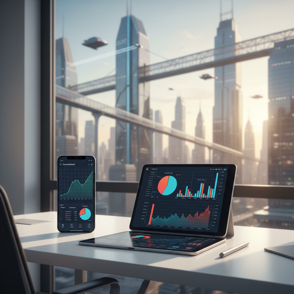 Escritório moderno com telas exibindo gráficos de investimentos e aplicativos financeiros em 2026.