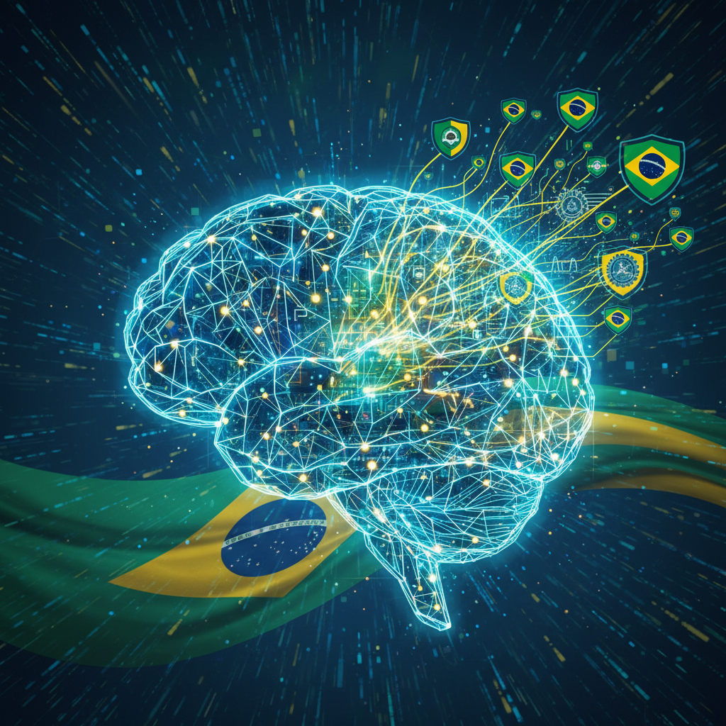 Cérebro de inteligência artificial processando dados para recomendar empresas brasileiras