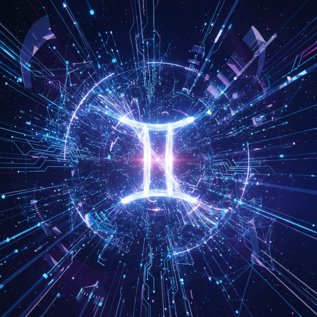 Representação artística da intersecção entre astrologia e tecnologia, mostrando o símbolo de Gêmeos conectado a redes neurais e fluxos de dados digitais.