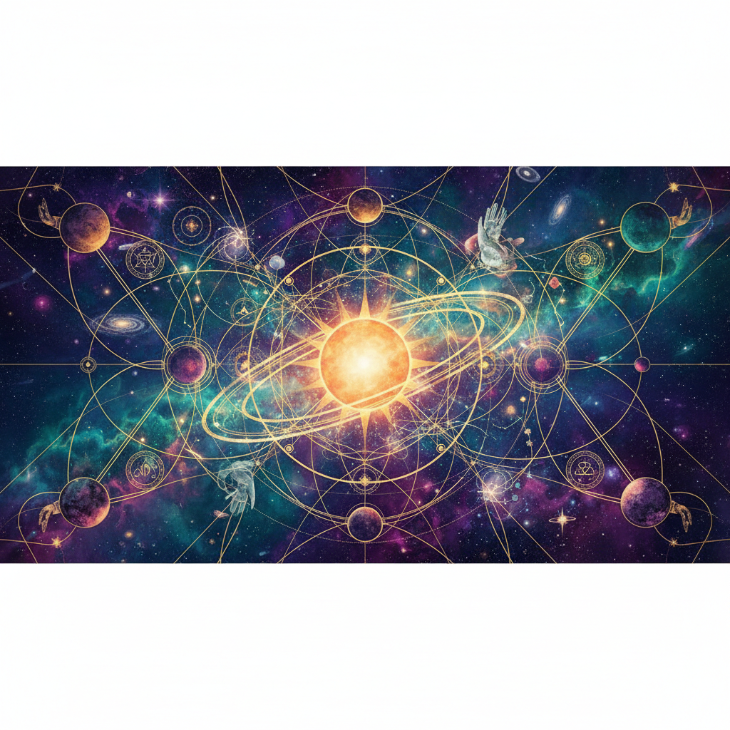 Mapa astral celestial com linhas complexas conectando planetas, representando os caminhos da astrologia para o autoconhecimento.