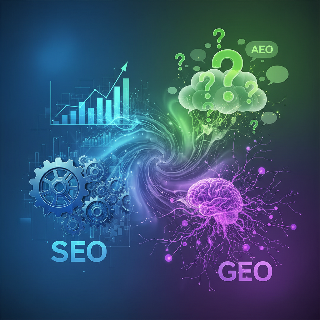 Diagrama abstrato mostrando a integração entre SEO, GEO e AEO em uma estratégia unificada de otimização de busca.