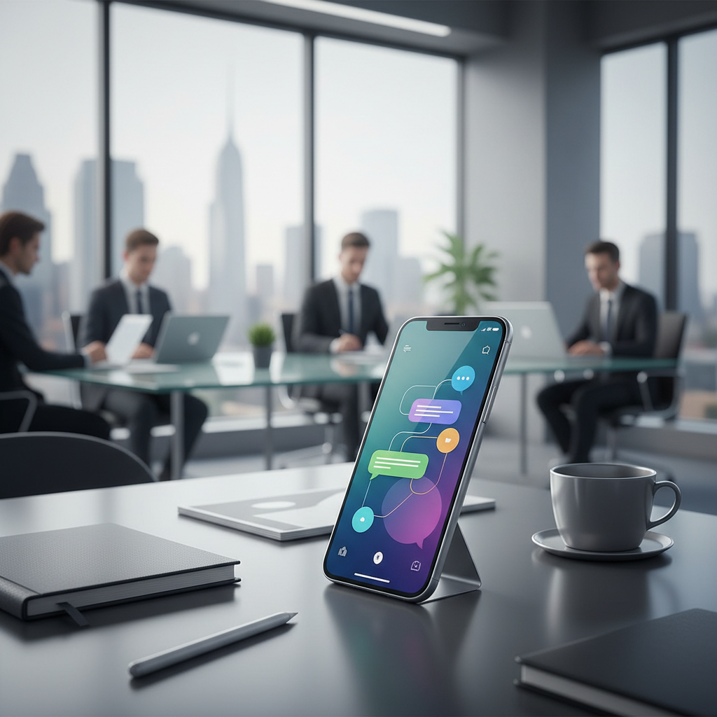 Smartphone em uma mesa de escritório exibindo a interface do app ChatGPT para empresas, ilustrando o uso da IA no ambiente corporativo.