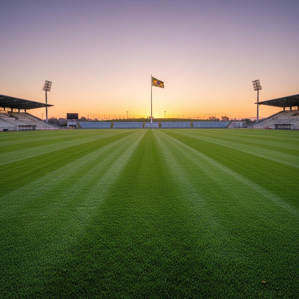 Campo de futebol da Granja Comary ao amanhecer, simbolizando o início da preparação da Seleção Brasileira para a Copa de 2026.