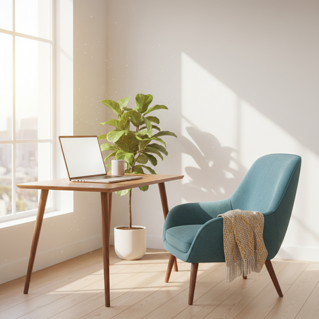 Escritório minimalista bem iluminado em casa, com laptop e plantas