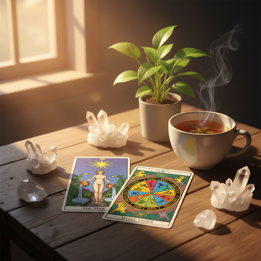 Cartas de tarô sobre mesa de madeira com cristais e luz suave indicando virada de ciclo.