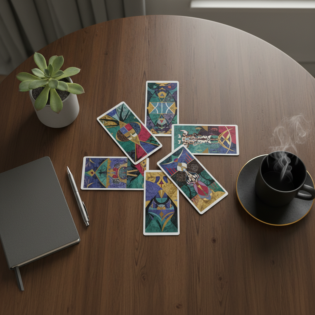 Mesa com cartas de Tarô espalhadas ao lado de um caderno, mostrando os usos práticos do Tarô em 2026.