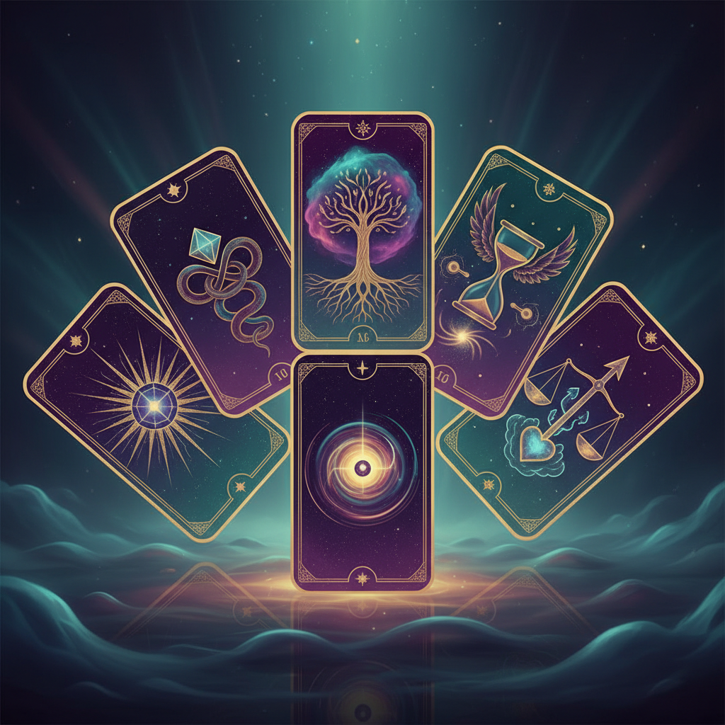 Cartas de tarot digitais coloridas espalhadas em um fundo místico