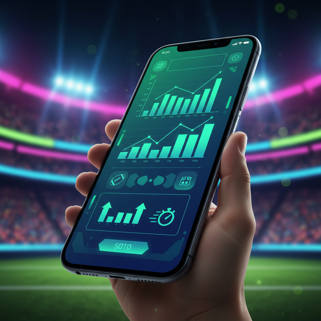 Interface moderna de plataforma de apostas esportivas em smartphone com gráficos de odds e futebol ao fundo em 2026