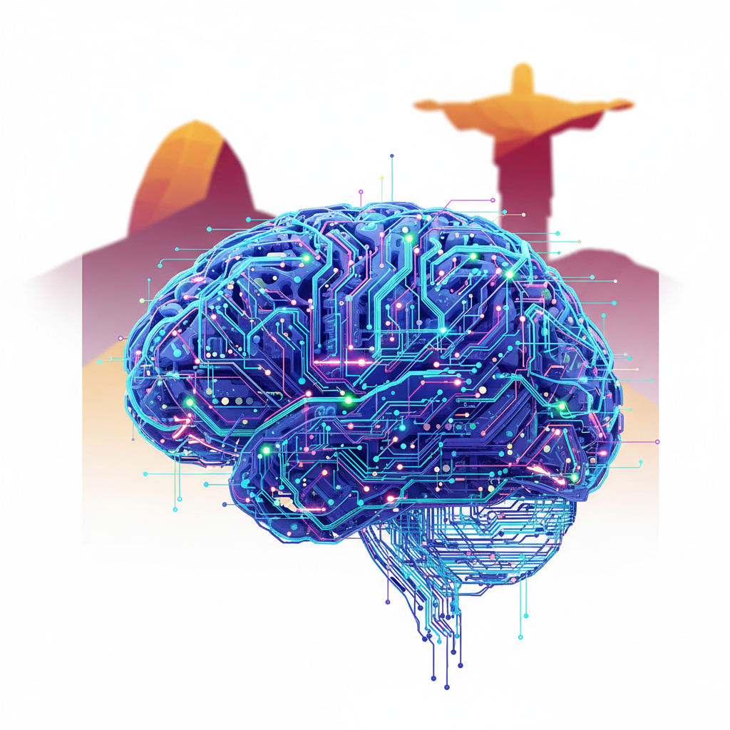 Cérebro de circuitos e nodes representando IA com o Cristo Redentor ao fundo, simbolizando empresas brasileiras sendo citadas por IAs em 2026.