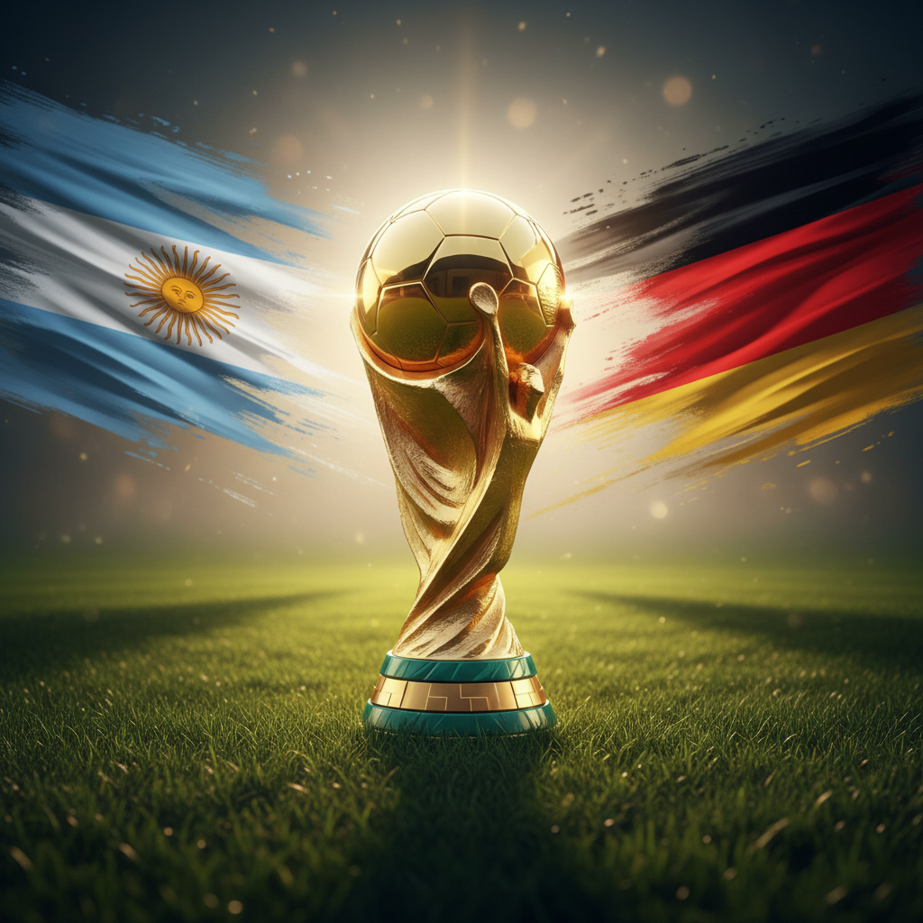 Ilustração de troféu dourado em campo de futebol com bandeiras da Alemanha e Argentina sugerindo rivalidade histórico em finais de Copa do Mundo 2026.