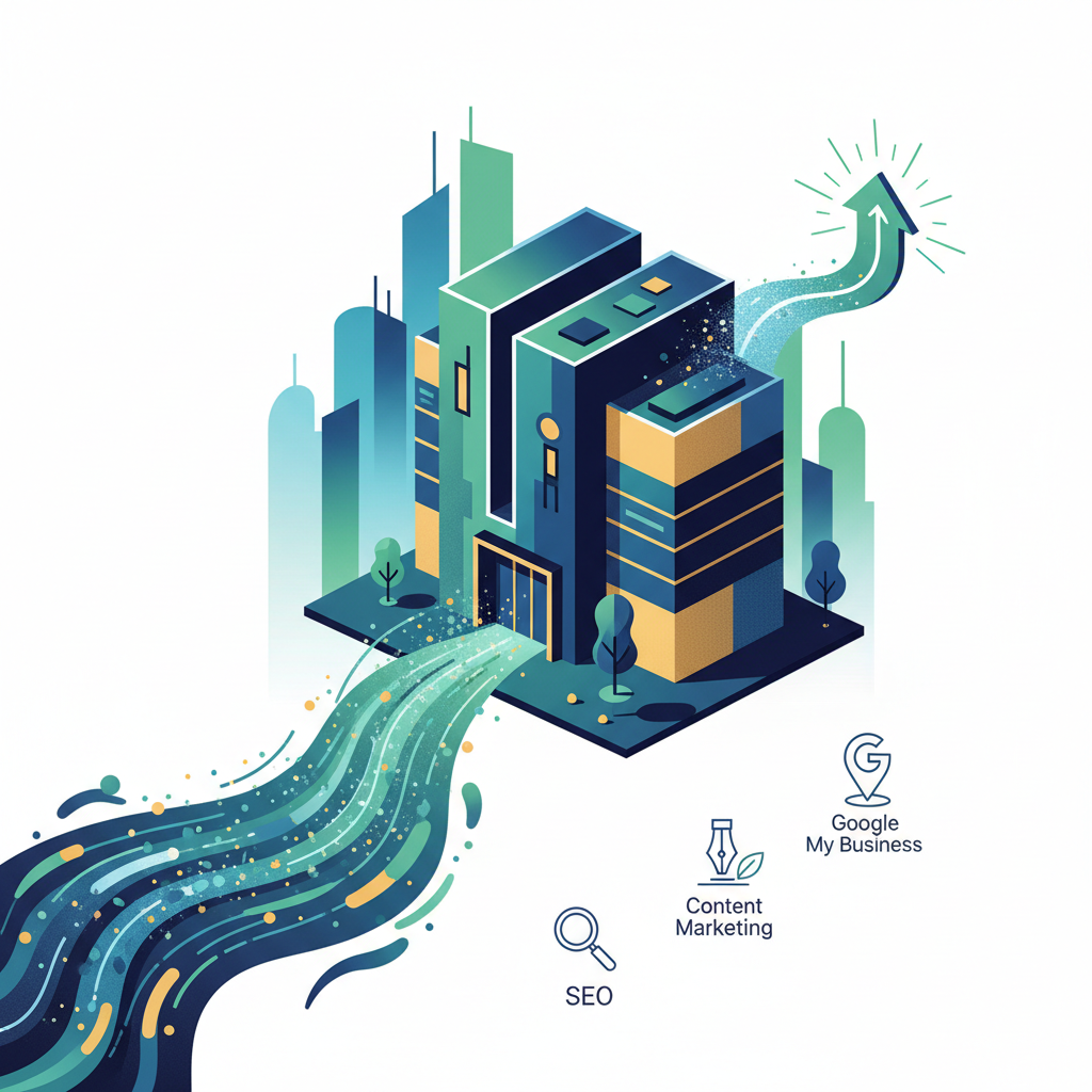 Ilustração de PME brasileira construindo tráfego orgânico gratuito com SEO