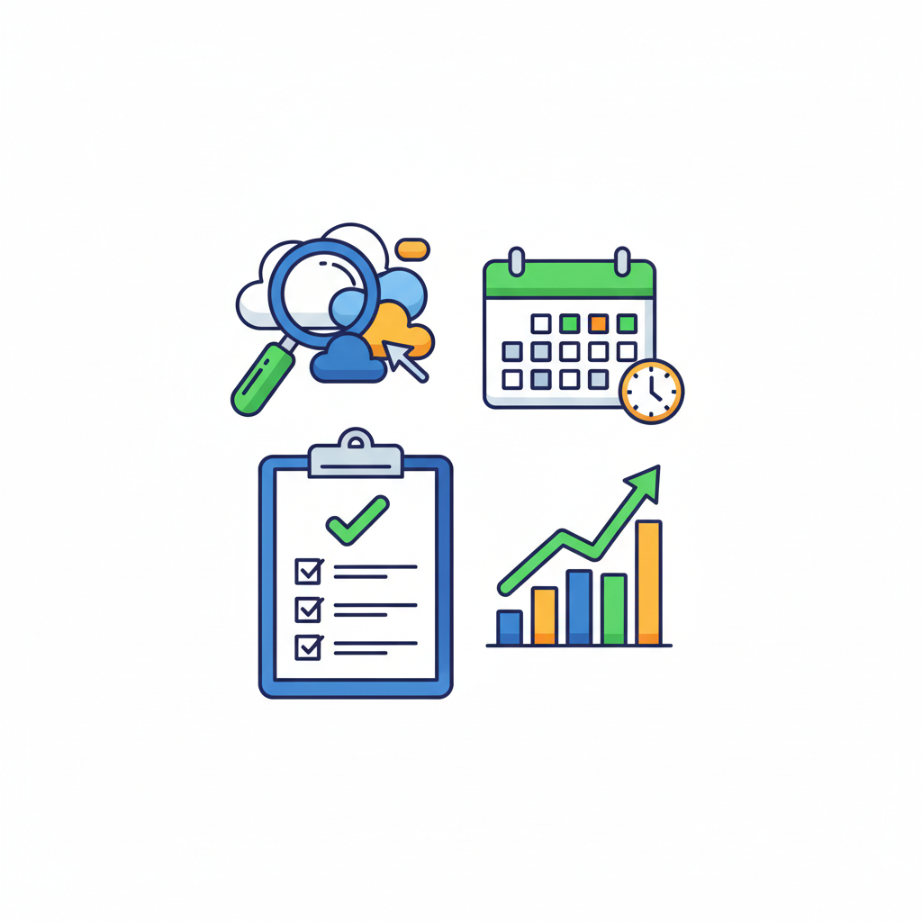 Kit de SEO para PMEs: um framework prático com ícones de ferramentas e templates.