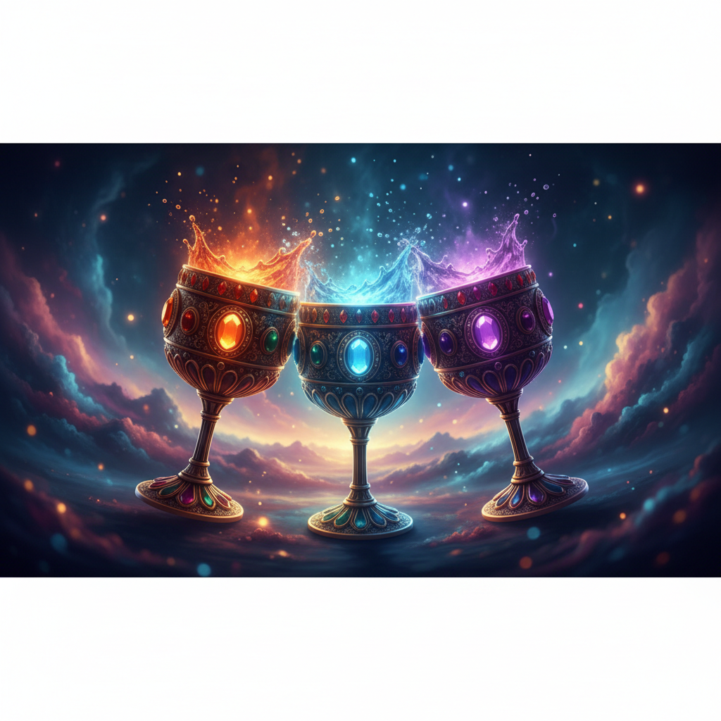 Três de Copas: Três taças brindando em celebração, representando a energia de amizade e comunidade da carta do tarô.