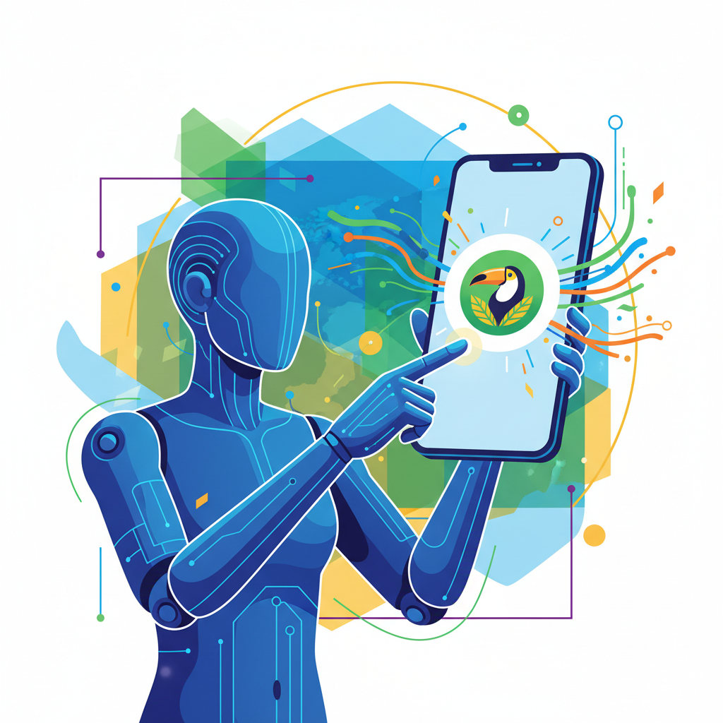 Assistente de IA recomendando uma empresa brasileira em uma tela de smartphone, com foco em AEO e GEO