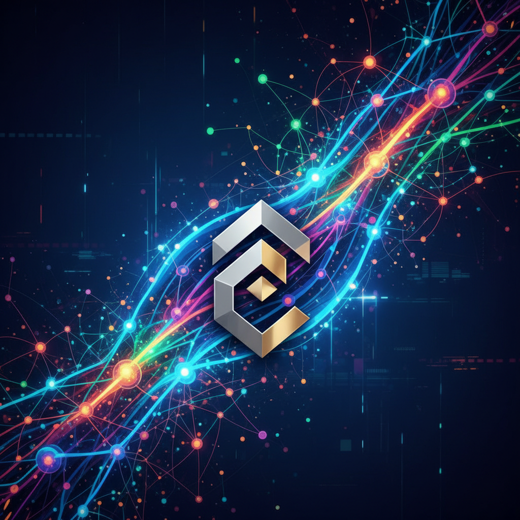 Uma ilustração de uma rede neural brilhante se conectando ao logo de uma empresa, representando como a IA pode citar uma empresa através de AEO e GEO.