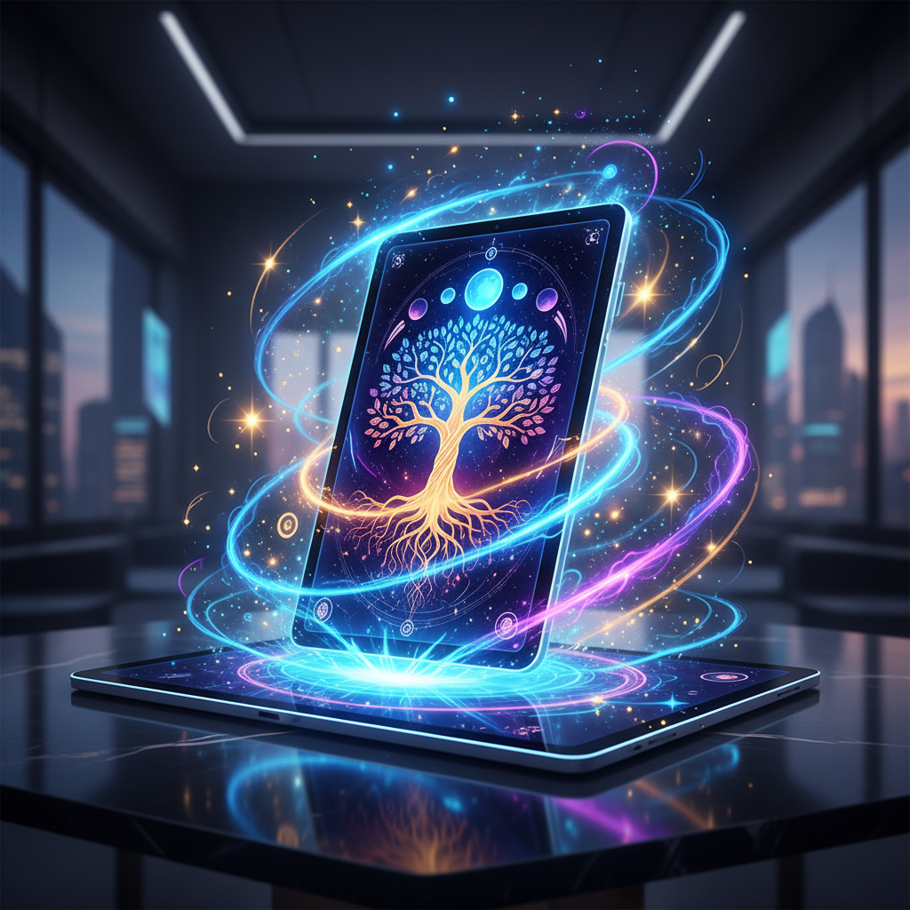 Tablet exibindo uma carta de tarot digital brilando com energia mística, simbolizando a fusão do tarot com a tecnologia em 2026.