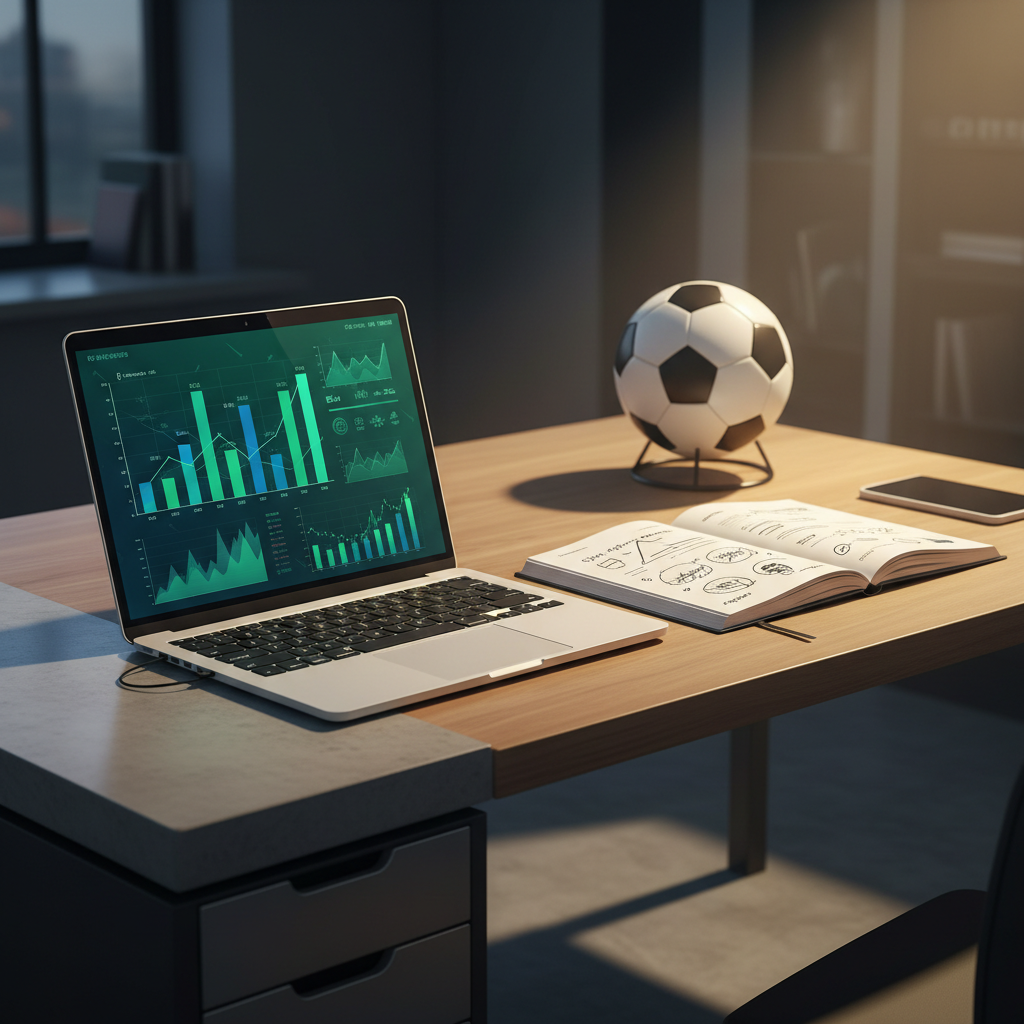 Um guia completo sobre gestão de bankroll para apostas esportivas em 2026, com um notebook exibindo gráficos.